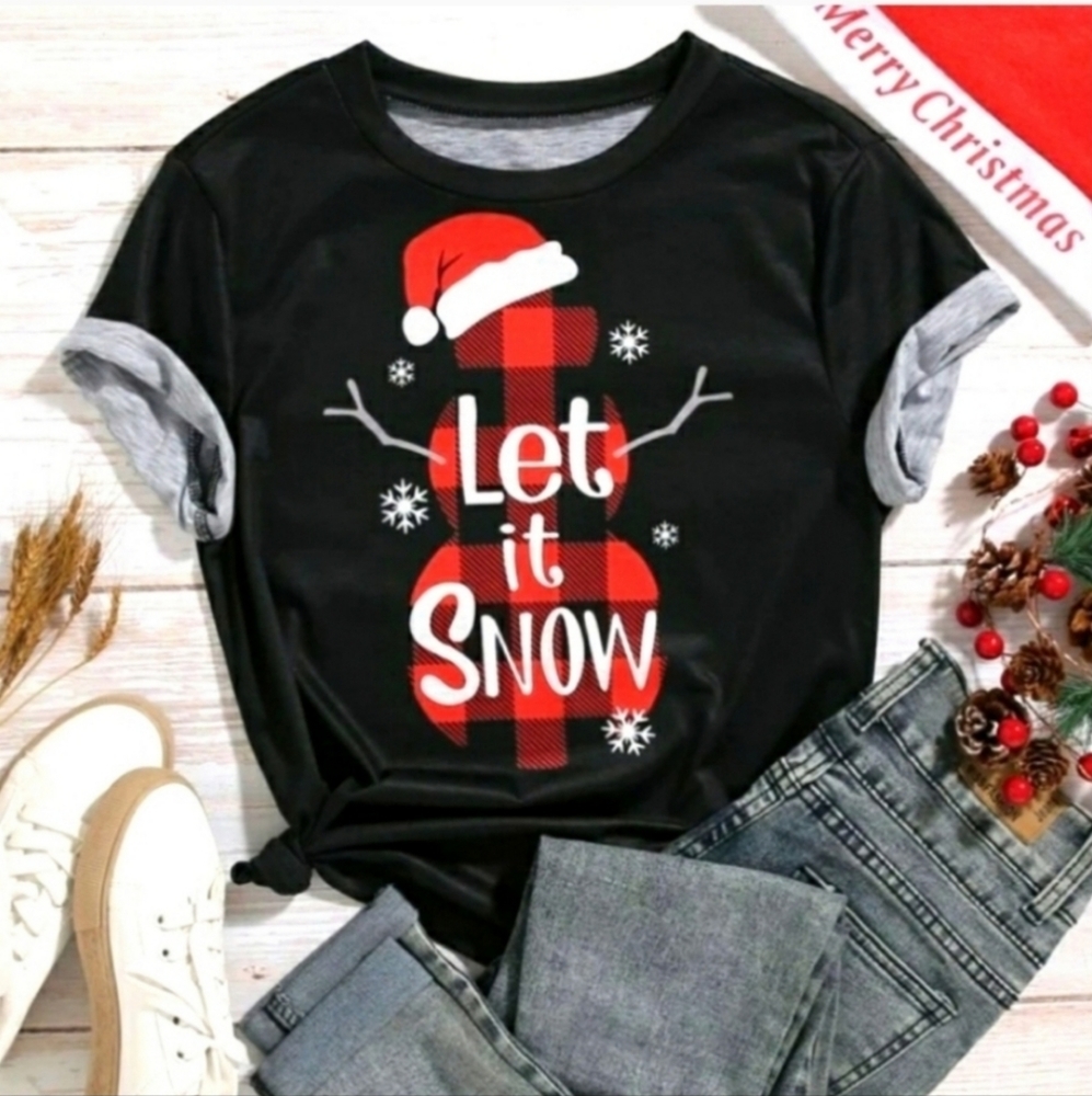 Let It Snow black shirt buffalo plaid snowman Christmas holiday